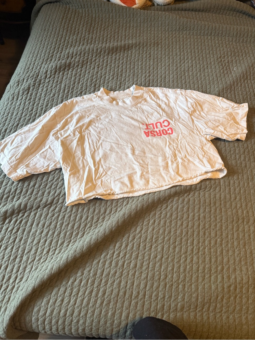 Cropped White Short Sleeve Tee with Pink Corsa Cult Print